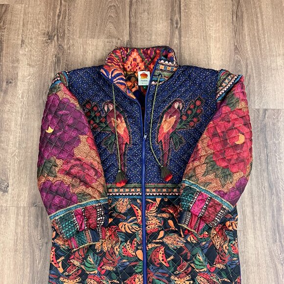 Farm Rio Mixed Patchwork Reversible Quilted Midi Puffer Coat Sz M - Picture 4 of 16